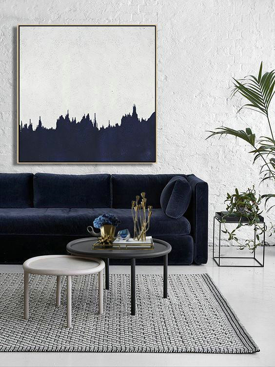 Extra Large Textured Painting On Canvas,Hand Painted Navy Minimalist Painting On Canvas,Large Paintings For Living Room
